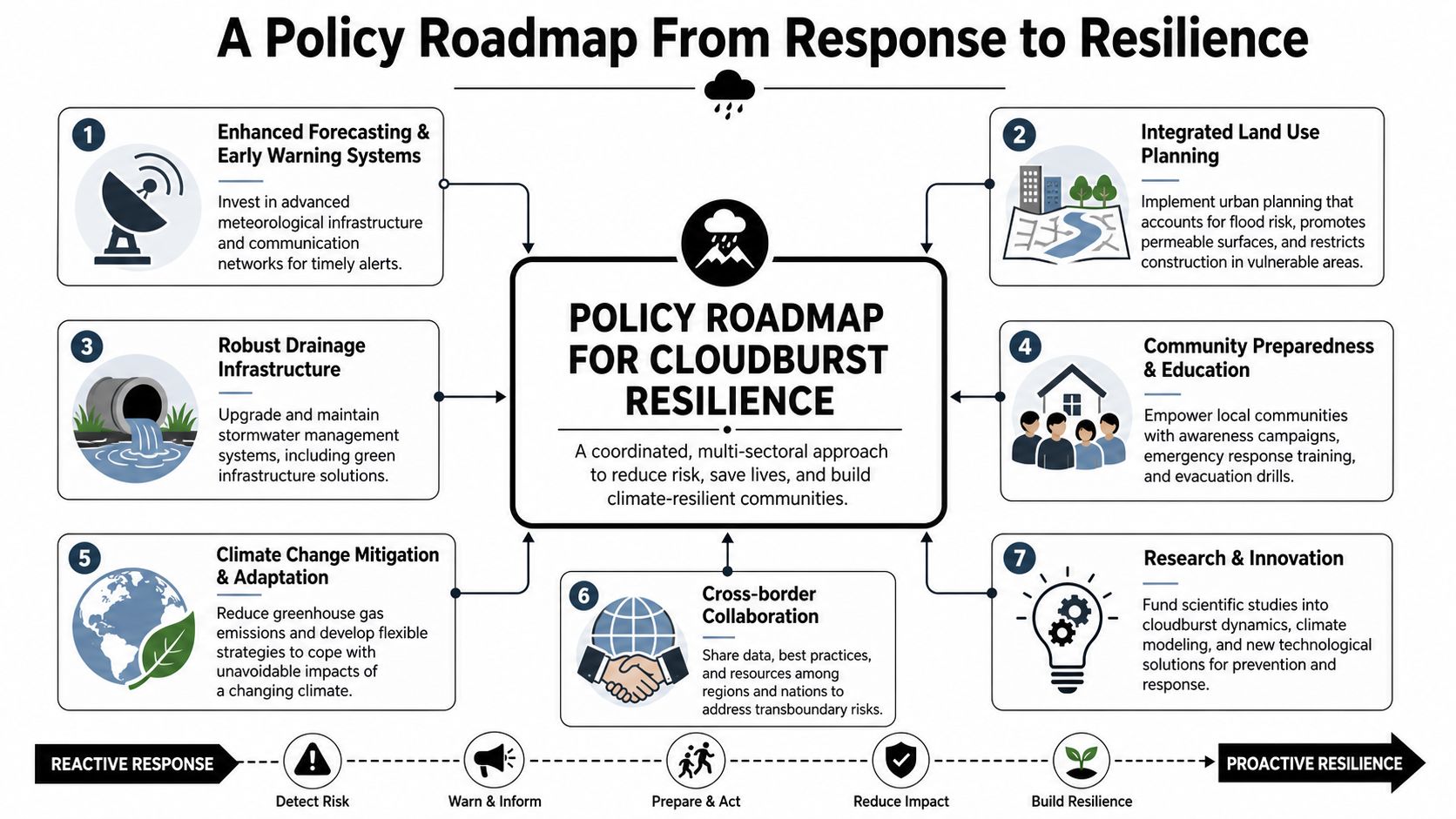 A diagram illustrating a seven-step policy roadmap for building community resilience against cloudburst weather events.