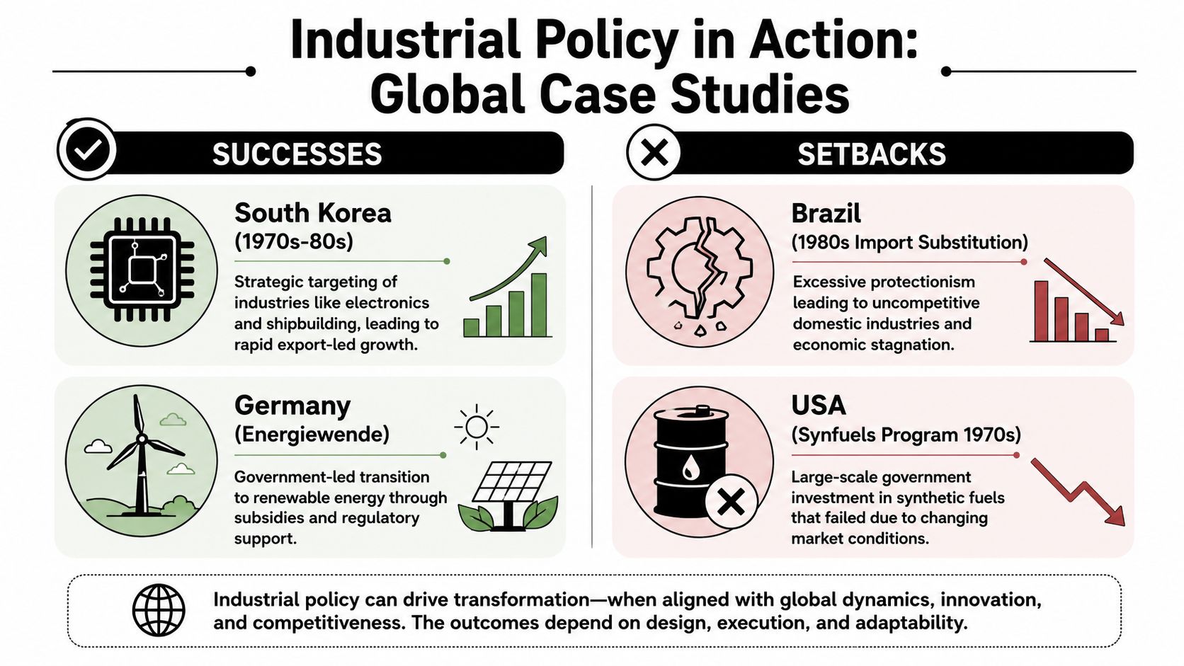 An infographic showing examples of successful and failed industrial policies in South Korea, Germany, Brazil, and the USA.