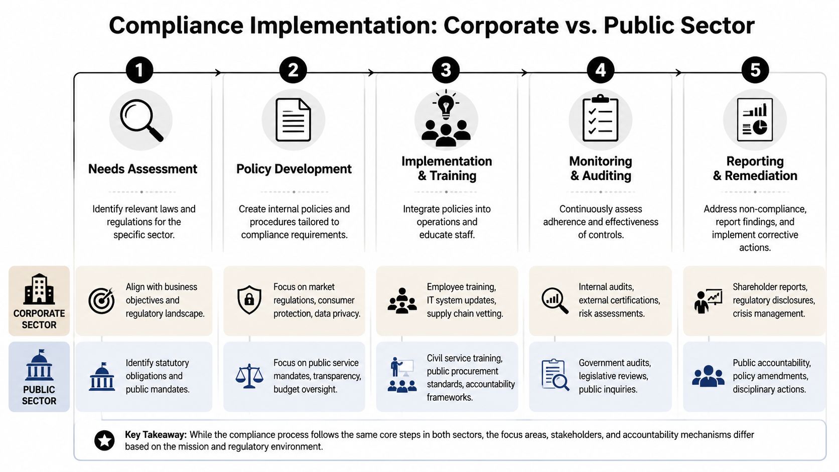A diagram comparing the five-step compliance implementation process between corporate and public sector organizations.