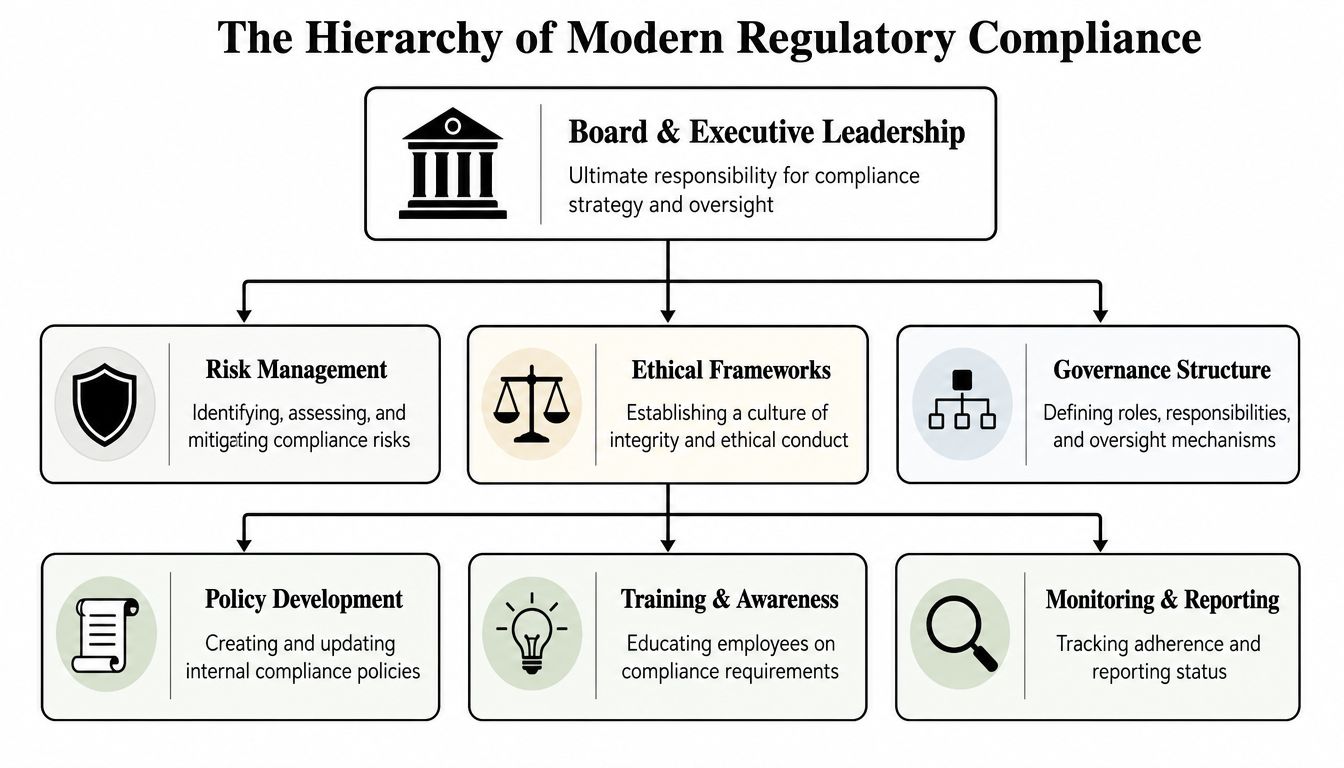 A hierarchical chart illustrating the key components and leadership structure of modern regulatory compliance in business organizations.
