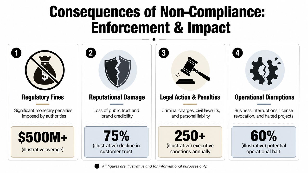 An infographic detailing four main consequences of non-compliance: regulatory fines, reputational damage, legal action, and operational disruptions.